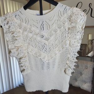 Zara Cream Crochet Knit Short-Sleeve Top with Ruffle Trim